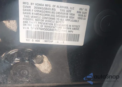2016 Honda Pilot Ex-L from USA, damaged, VIN 5FNYF6H50GB031622